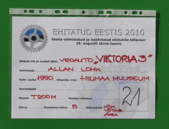 Iseehitatud vineerauto «Viktoria 3», infosedel Ehitatud Eestis - 2010